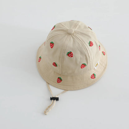 Boys Cute Sun Bucket Cap 48-50cm Spring Summer New Girl Fisherman Hat with Strawberry Embroidery Fashion Kids Toddler Outfit Cap