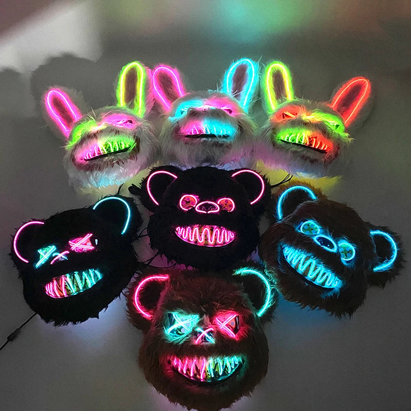 LED Bloody Rabbit Mask Glowing Killer Black Bear Mask Halloween Dance Party Cosplay Costume Props Assassinated Plush Rabbit Mask