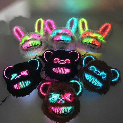 LED Bloody Rabbit Mask Glowing Killer Black Bear Mask Halloween Dance Party Cosplay Costume Props Assassinated Plush Rabbit Mask