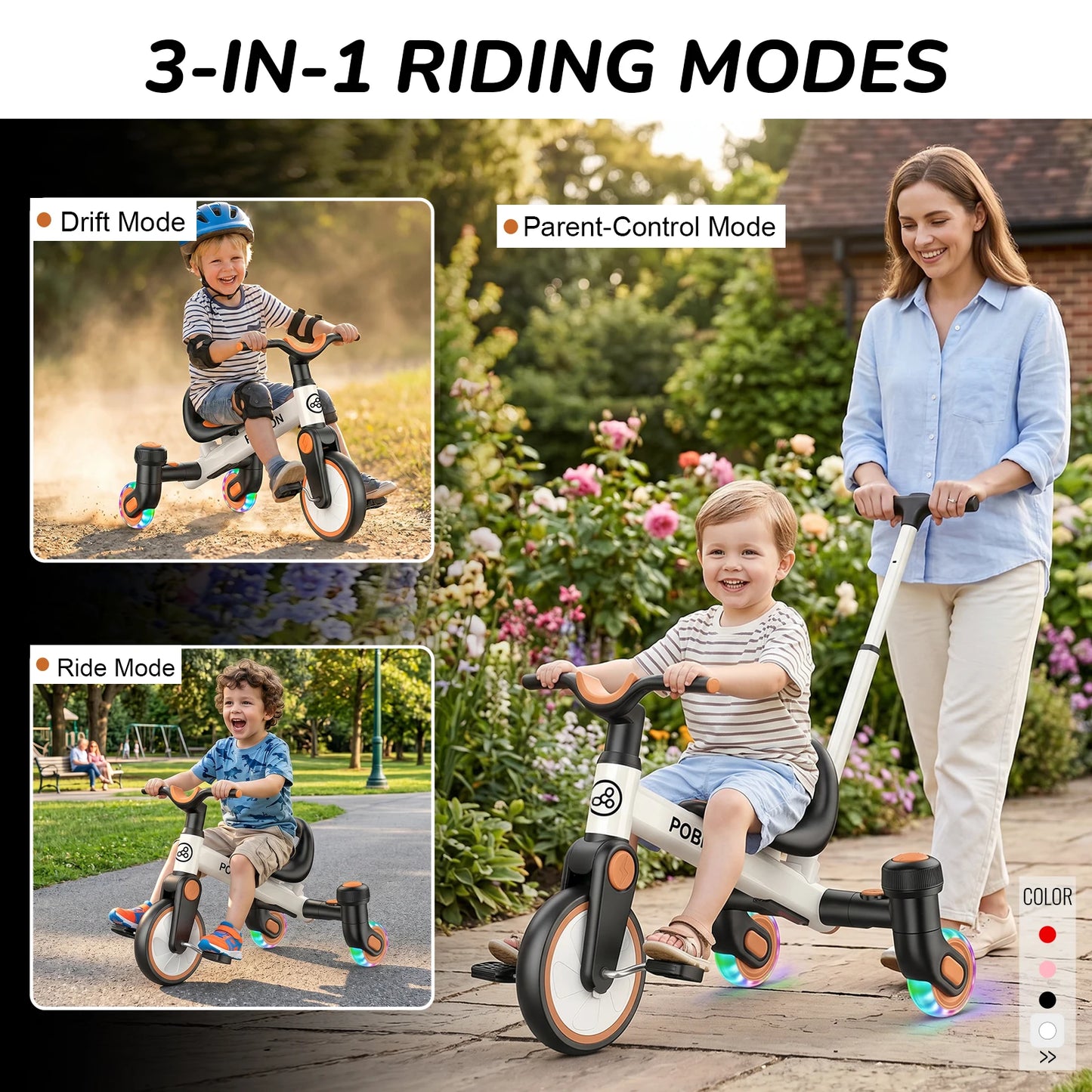 3-IN-1 Toddler Tricycle For 1.5-5 Years Old Drift Trike With 360° Spin Light Up Wheels Adjustable Seat Strong Frame Easy Assembly 3 Ride Modes Toddler Bike For Boys And Girls Indoor Outdoor Use White Pink Black Red