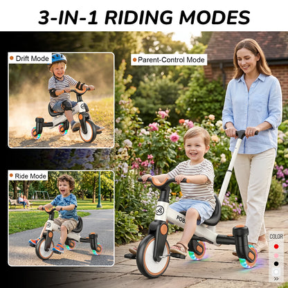 3-IN-1 Toddler Tricycle For 1.5-5 Years Old Drift Trike With 360° Spin Light Up Wheels Adjustable Seat Strong Frame Easy Assembly 3 Ride Modes Toddler Bike For Boys And Girls Indoor Outdoor Use White Pink Black Red