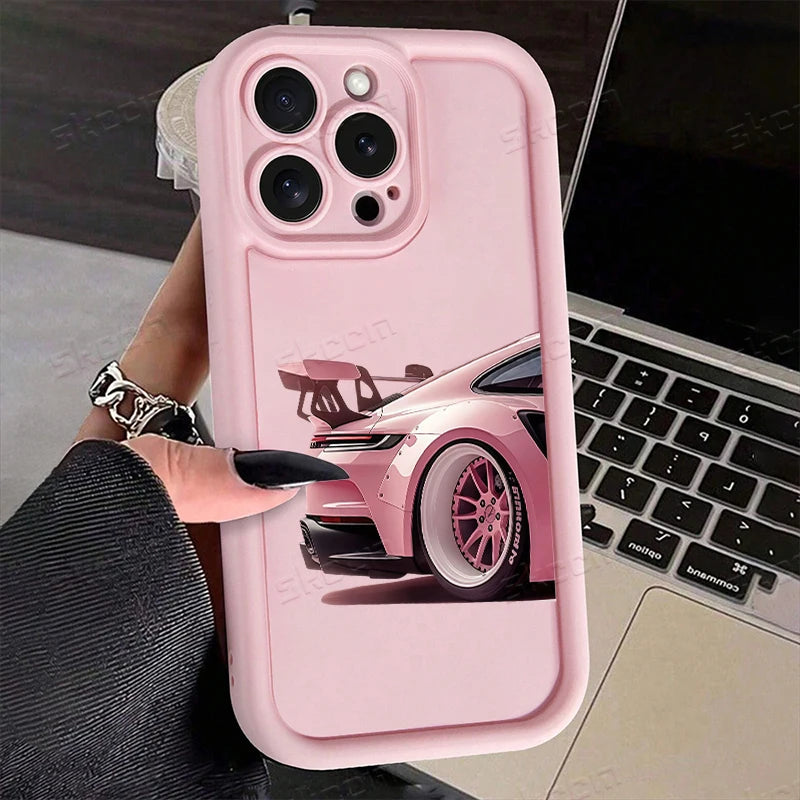 Fashion Pink Car Pattern Silicone Phone Case For iPhone 17 16 15 14 13 12 11 Pro Max 17 Air XS XR 7 8 Plus 16e Shockproof Cover