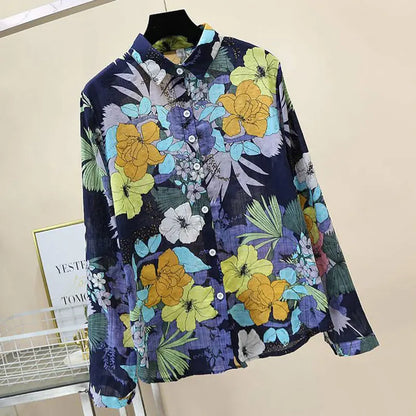 Blue Floral Print Vintage Polo-Neck Single Breasted Long Sleeve Women's Blouse Shirt Casual Female Clothing Tops Fashion 2024