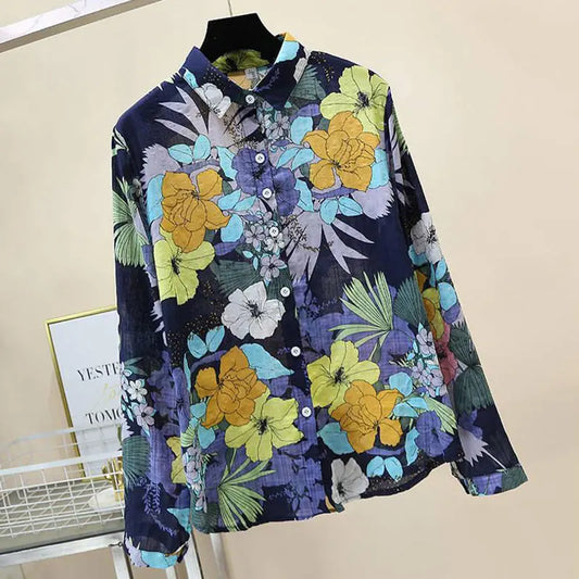 Blue Floral Print Vintage Polo-Neck Single Breasted Long Sleeve Women's Blouse Shirt Casual Female Clothing Tops Fashion 2024