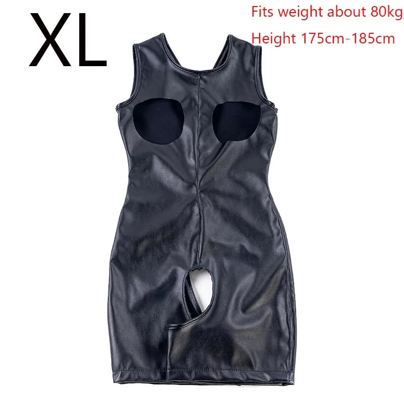 PU Leather Housewife Open Chest and Butt Tights Crotchless Bodysuit Harness Sexy Costume BDSM Bondage Rompers Sex Toys Women