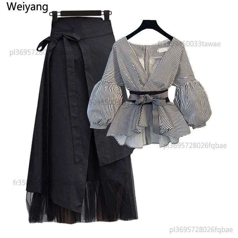 2026 Korean Style Long Sleeve T-shirt Tops High Waist Skirt Two-piece Elegant Women's Skirt Suit Casual Outfits