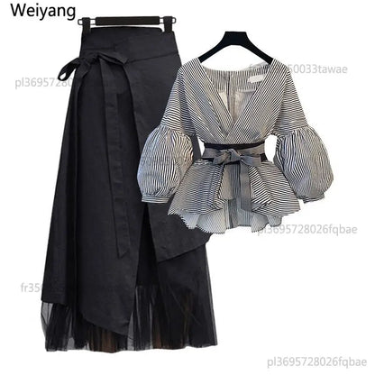 2026 Korean Style Long Sleeve T-shirt Tops High Waist Skirt Two-piece Elegant Women's Skirt Suit Casual Outfits