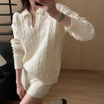 Autumn Winter Pullover Loose Women Sweater Knitted Shorts 2 Two Piece Sets Office Fashion Outfits Lapel Casual Long Sleeve Tops