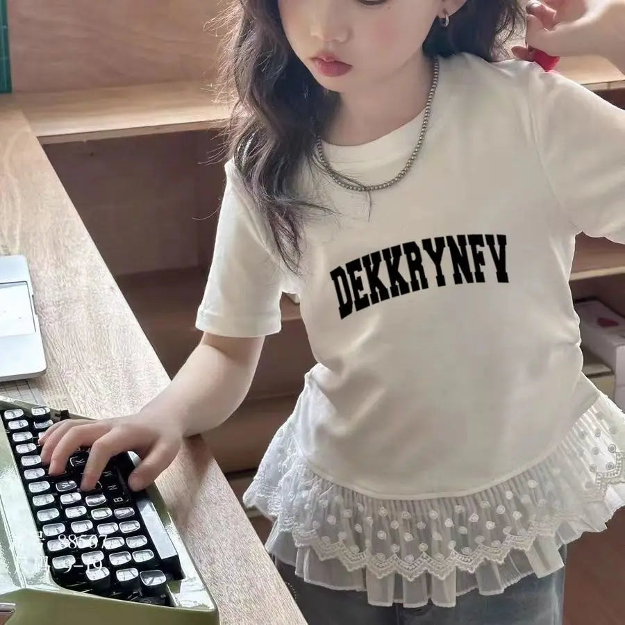 Childrens clothing baby girls summer casual lace t-shirt 2025 short sleeved Lace splicing new white tops 3-12 kids clothes