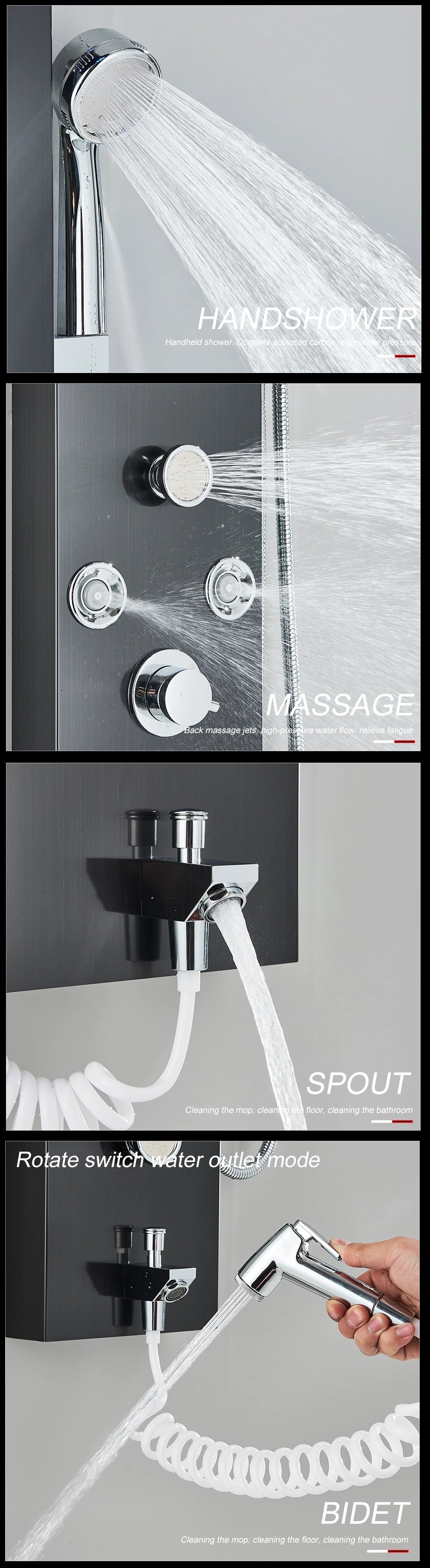 Black LED Light Shower Faucet Bathroom SPA Massage Jet Shower Column System Waterfall Rain Shower Panel Bidet Sprayer Tap