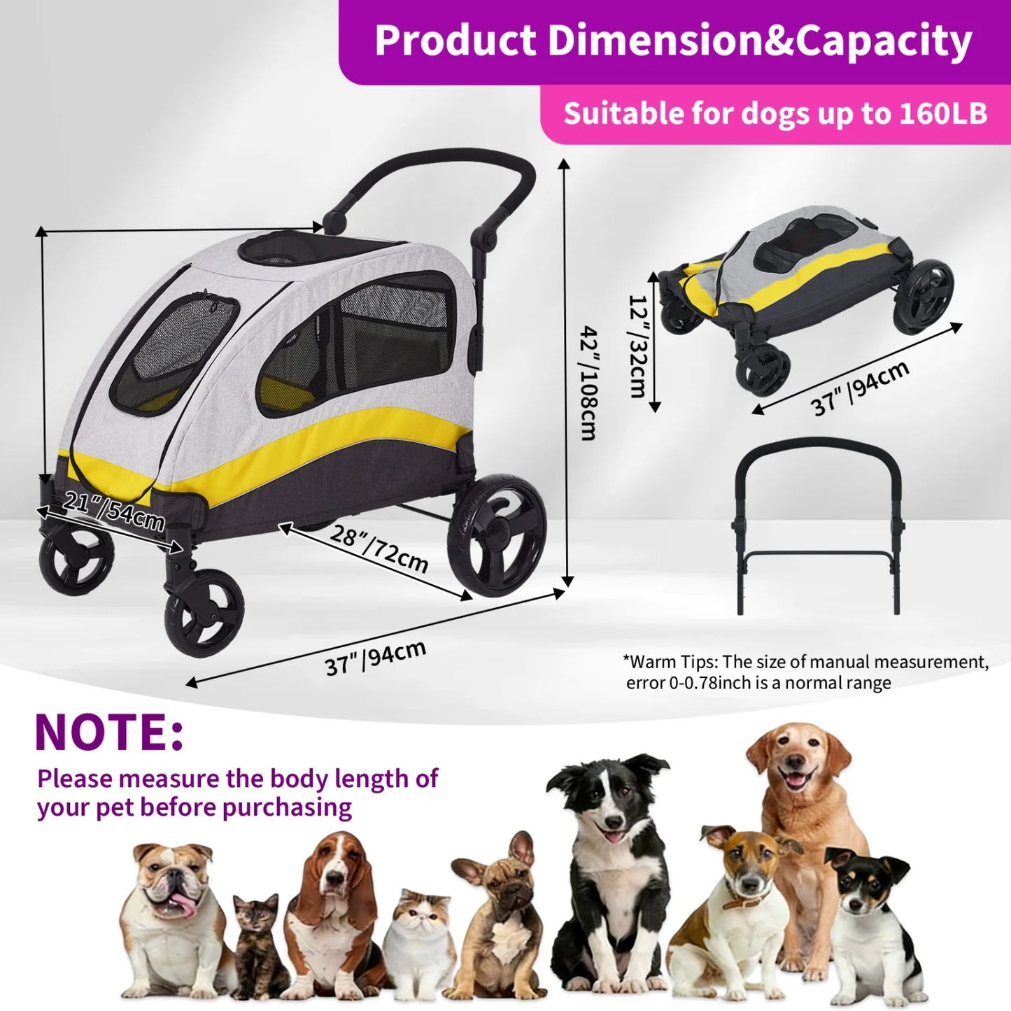 Heavy Duty Pet Wagon & Large Dog Stroller , Collapsible Dog Cart with Adjustable Handle, Breathable Mesh and Storage Pockets