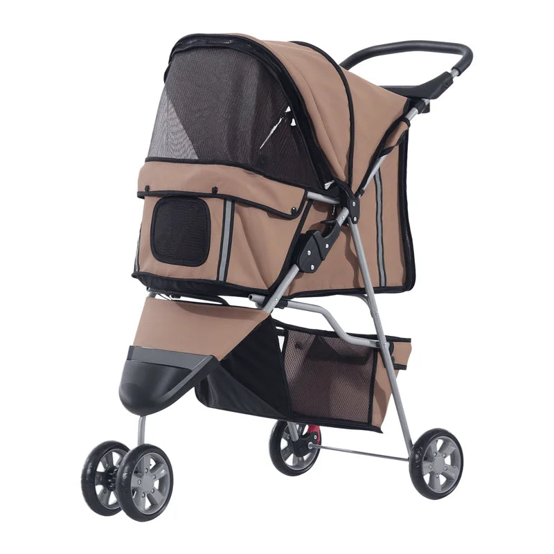 Coffee Foldable Dog and Cat Stroller Buggy, Suitable for Small Pets Weighing up to 10kg, Pet Travel Carrier Stroller with Comfort Cushion, Breathable Mesh Windows, Cup Holder and Extra Storage Bag for Daily Outdoor Use
