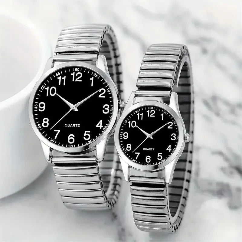 black alloy Arabic numerals for men and women Elastic elastic band quartz watch set Lovers watch gift set