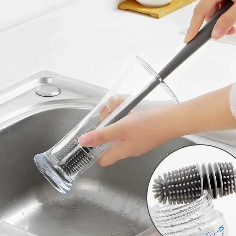 Long Handle Silicone Milk Bottle Brush - Kitchen Cleaning Tool for Glass Cup Scrubber Drink Bottle Cleaner with Ergonomic Design