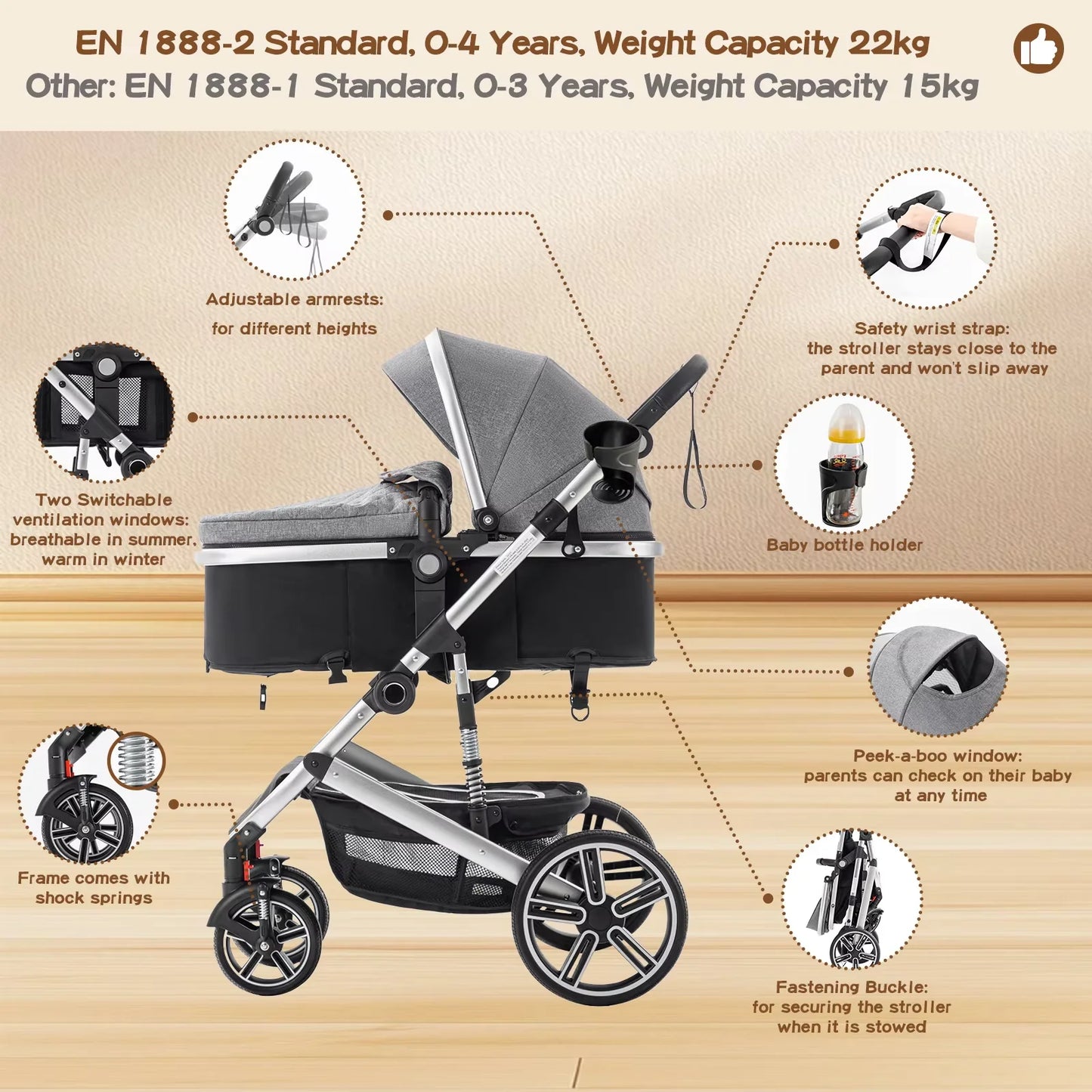 Baby Stroller 3 in 1 Luxurious Portable Travel Baby Carriage Fold Pram High Landscape Aluminum Frame Newborn Infant Stroller