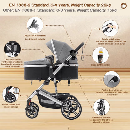 Baby Stroller 3 in 1 Luxurious Portable Travel Baby Carriage Fold Pram High Landscape Aluminum Frame Newborn Infant Stroller