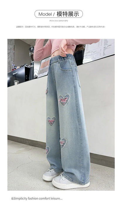 New 4-14 Years Spring Autumn Teenage Girls Jeans Full Print Bow Embroidery Fashion Wide-leg Denim Pants For Kids