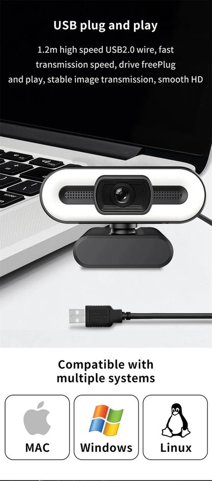 Portable Full HD 1080P 2K 4K Webcam PC Laptop Auto Focus Webcam Live Streaming Flexible with Microphone Live Broadcast withLight