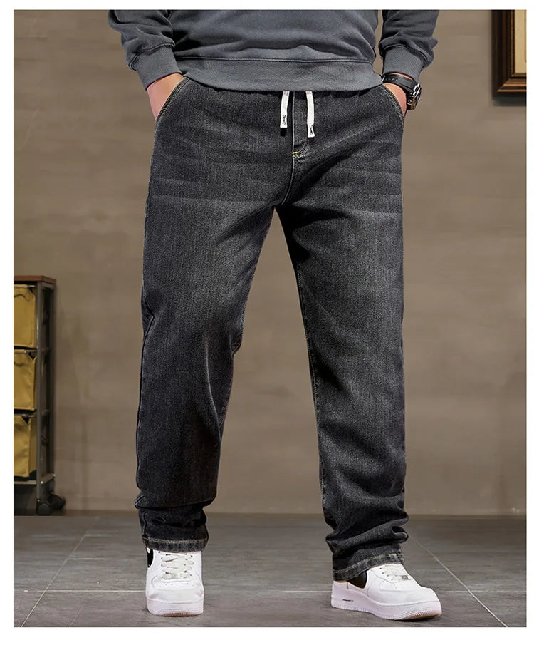 Extra Big Size Jeans Men High Elastic Waist Baggy Denim Pant Male Plus Large Loose Slim Fit Cowboy Trouser 8XL 6XL Classic Black