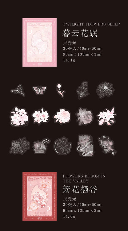 30pcs PET Transparent Stickers Plant Flowers Decorative Labels Scrapbooking Collage Material Diary Stationery Supplies