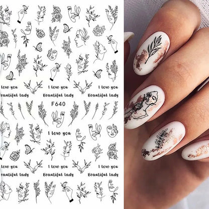Black and White Love Flowers Line Art 3D Stickers Nail Decals Nail Art Accessories Butterfly Rose Nail Stickers Nail Sliders