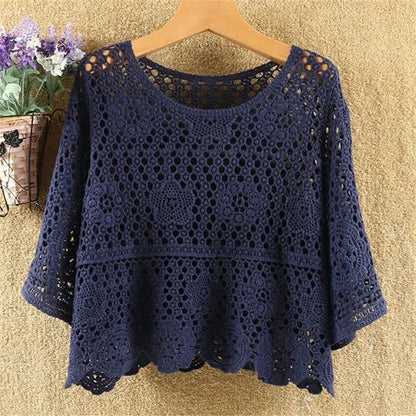 Women's Summer Short Jacket 2025 New Pullover Round Neck Knit Female Sweater Top Loose Fashion Hollowing Out Ladies Lace Tops