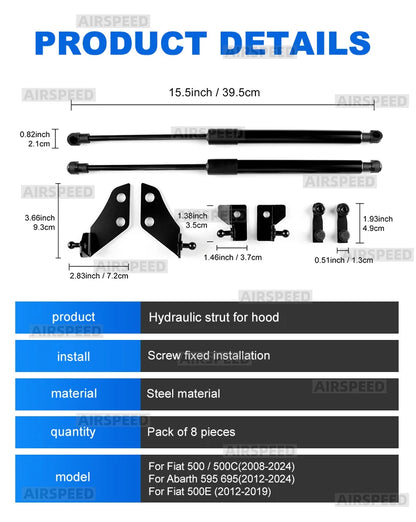 For Abarth 595 695 2012-2024/Fiat 500/500C 08-24/500E 12-19 Front/Rear Trunk Bonnet Gas Struts Hood Lift Supports Shock Rod Arms