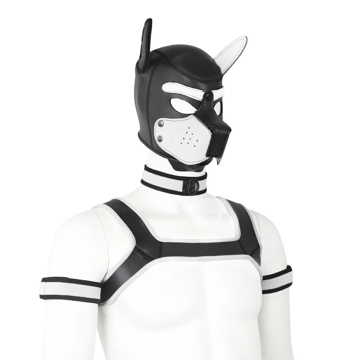 Large Size Puppy Cosplay Neoprene Fetish Hood Mask Kit with Chest Strap Collar Armband Sex Costumes for Bdsm Slave Role Play