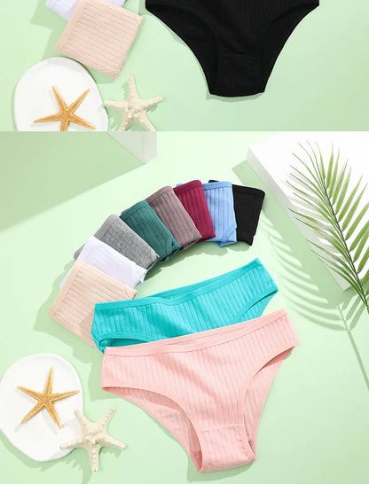 4PCS/SET Women's Cotton Panties Sexy Soft Striped Underpants 12 Solid Color Briefs Female Comfortable Stretch Lingerie M-XL