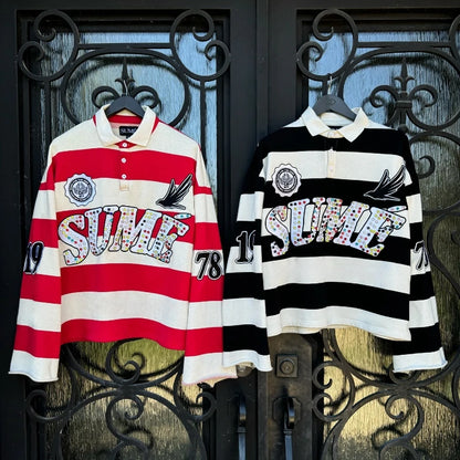 2 Pcs Shirts Co-ords Sume Rugby Diamond Embroidery Stripe Polo Shirt Y2K Retro Classic Unisex Oversized Long Sleeved Shirts Sets
