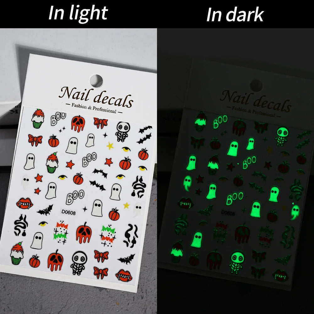1sheet 5D Halloween Nail Stickers Pink/Green/Black Cartoon Pattern Nail Art Slider DIY For Sweet Cool Girl Cute Nail Decoration