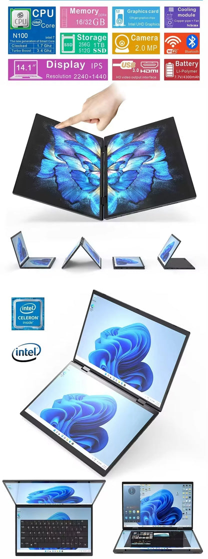 Intel N150 N100 CPU Dual Screen Laptop 14"+14 " 2K Touch Screen Notebook 32GB 360 Degree Flip Metal Case 2 in 1 Laptop Computer