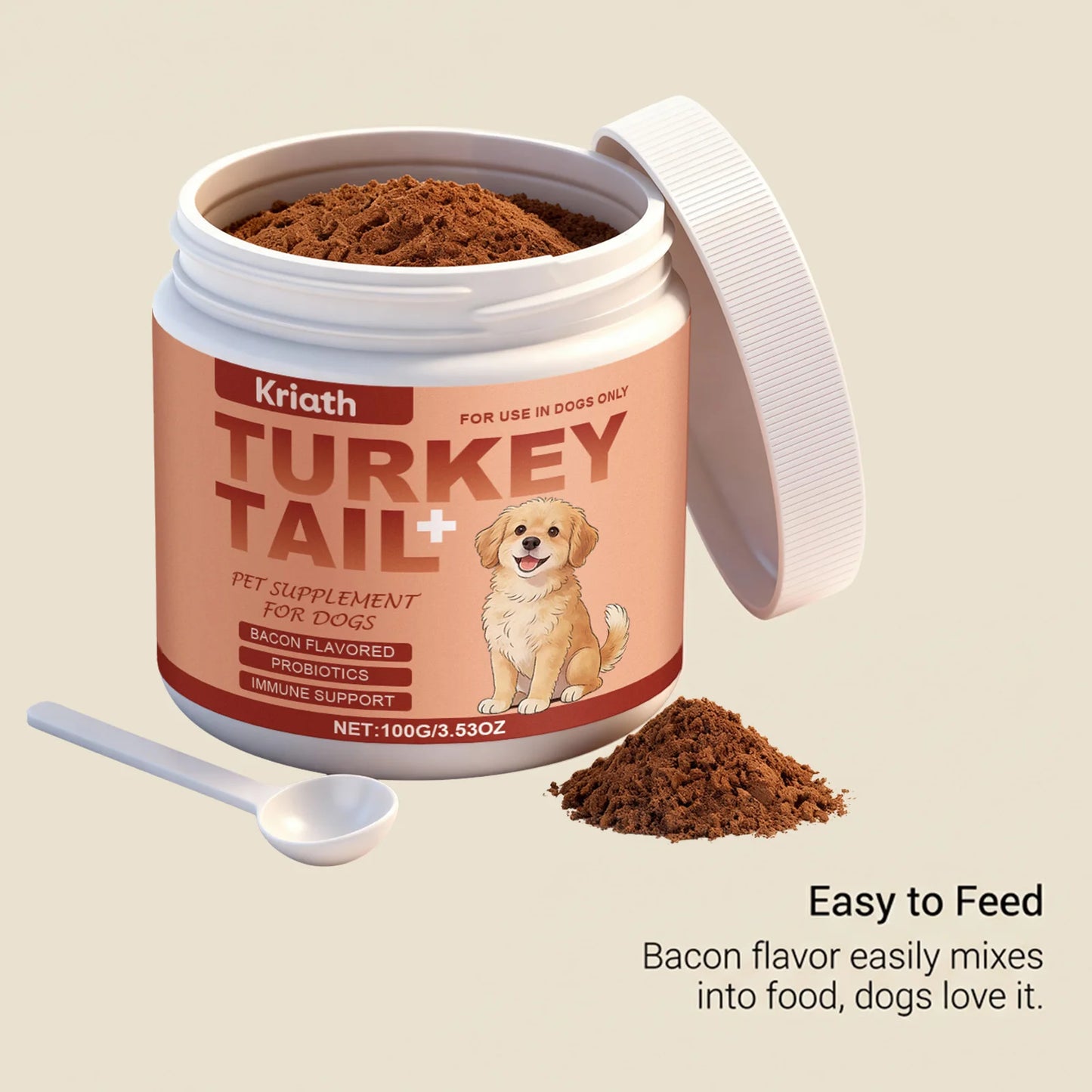 Turkey Tail Mushroom Powder for Dogs, Bacon Flavor Pet Immune Support Joint Hip Gut Health Supplement, Skin Coat Care Powder