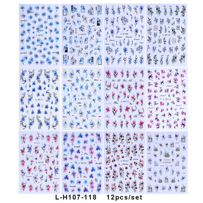 12pcs 3D Geometry Flower Leaf Nail Stickers Summer Ink Blooming Flowers Decal Slider for Nail Art Supplies Manicure Decoration