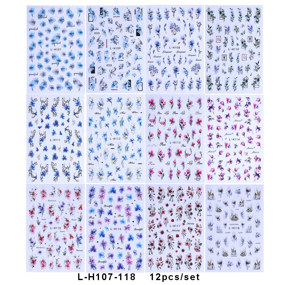 12pcs 3D Geometry Flower Leaf Nail Stickers Summer Ink Blooming Flowers Decal Slider for Nail Art Supplies Manicure Decoration