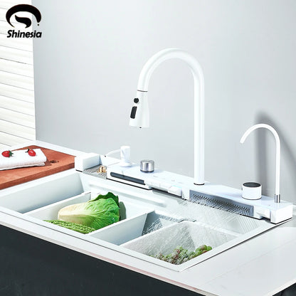 Stainless Steel Waterfall Kitchen Sink Large Single Slot Integrated Digital Display Faucet Set Soap Dispenser Cup Washer