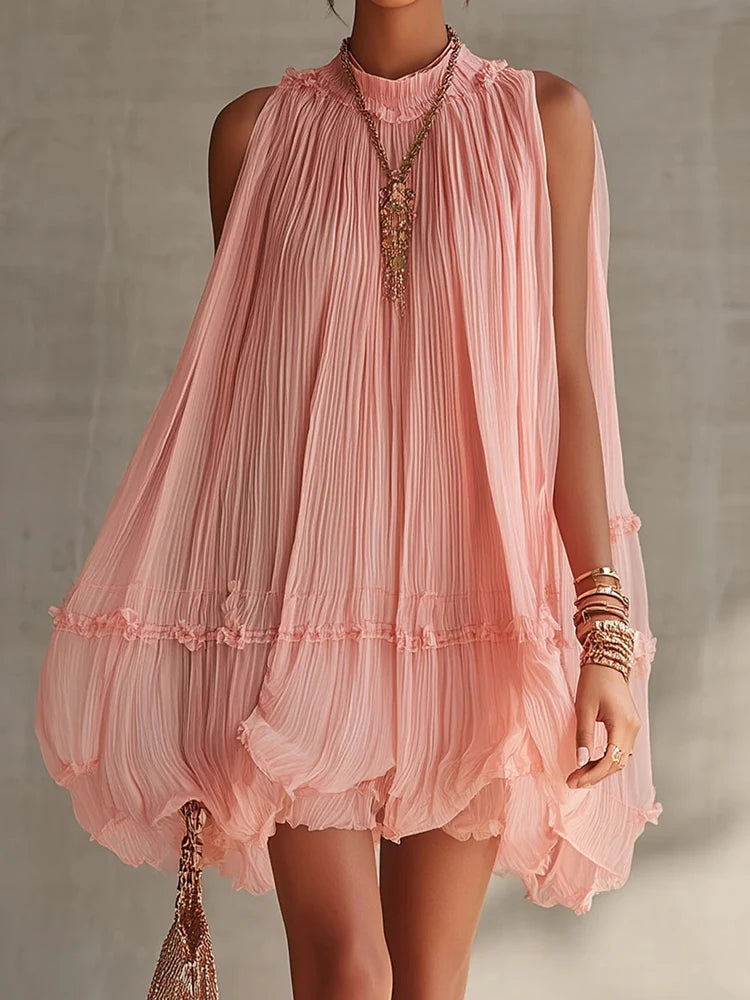 2026 Women Solid O-Neck Princess Party Dress Spring Summer Sexy Sleeveless Ladies Loose Ruched Dresses Streetwear Dropshipping