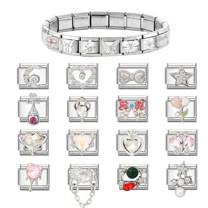 Zircon Pearl Heart Bow Candy Flower Butterfly Italian Charm Links Fit 9mm Stainless Steel Bracelet Personalized DIY Making Gifts