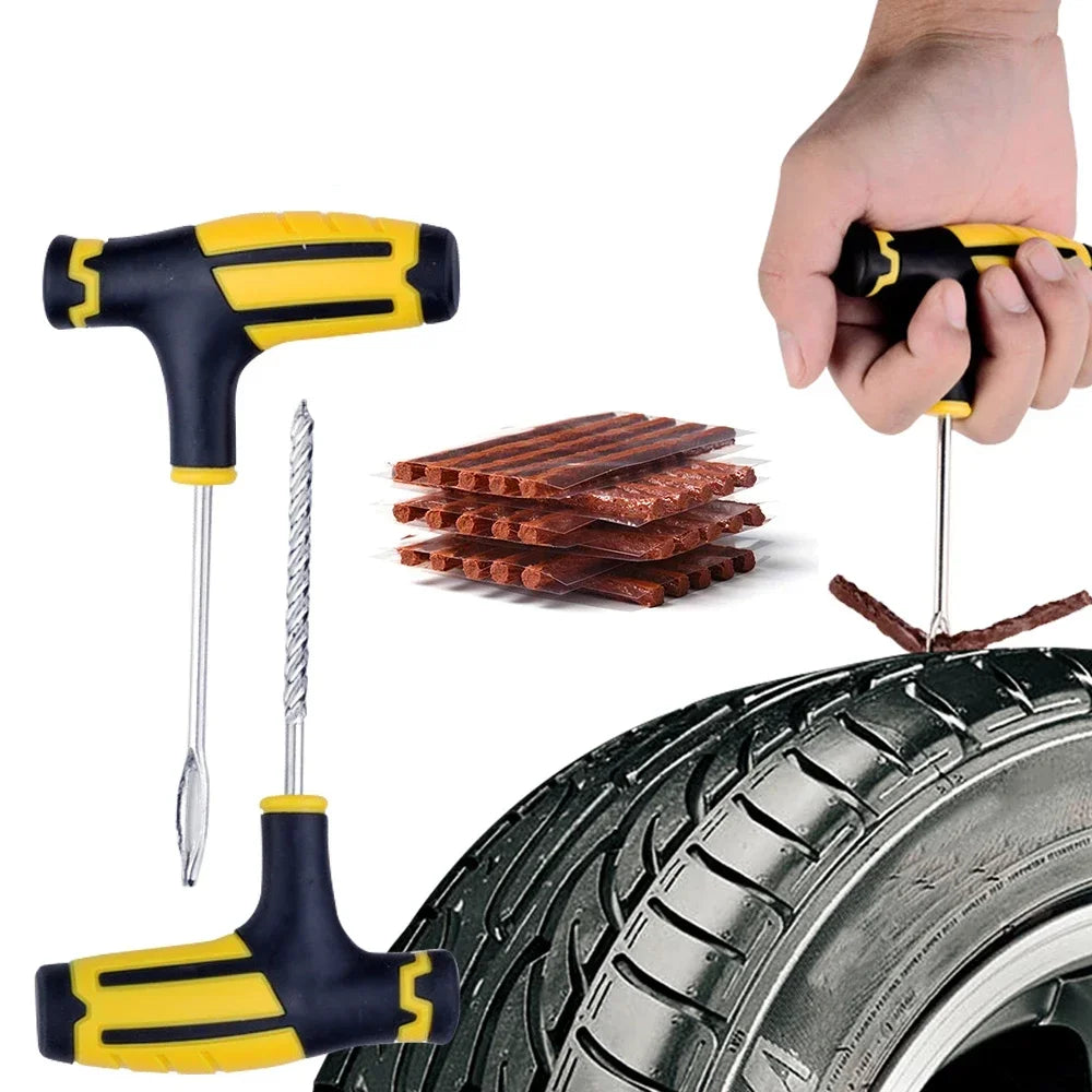 Universal Car Bike Motorcycle Tire Repair Kit - Pro Tubeless Puncture Fix Set w/Studding Tool & Strips Glue Free All Vehicles