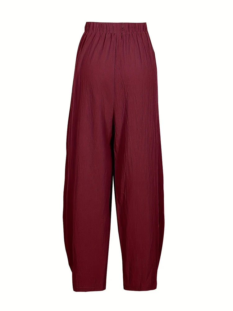 Plus Size Women's Cotton-Linen Harem Trousers Retro Loose-Fit Casual Trousers Elasticated Waistband Workwear Wide-Leg Trousers