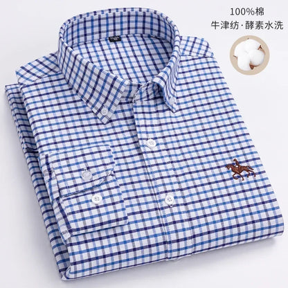 Casual Pure Cotton Oxford Mens Shirts Long Sleeve Embroidery Horse Design Regular Fit Fashion Button Man White Dress Shirt