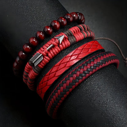 Fashion Vintage Men's Leather Bracelet Cupid's Arrow Wooden Beaded Leather Hand Woven Retro Fashion Bracelets For Men