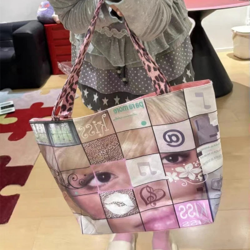 Brand Portrait Print Tote Bag Large Capacity Top-handle Shopper Bag Fashion Pvc Kraft Paper Shoulderbag Waterproof Pouch Storage
