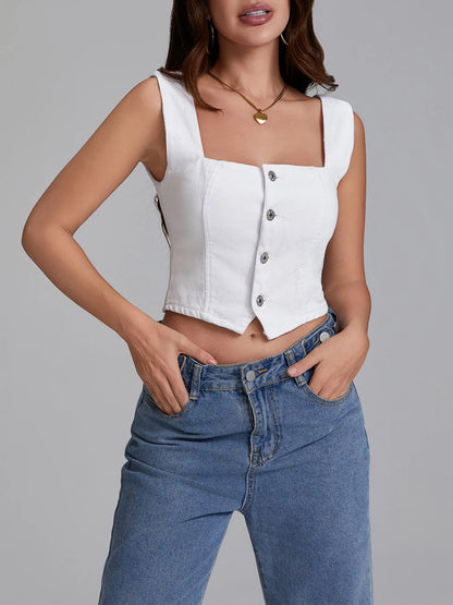 Summer Denim Tank Tops Women Slim Fit Square Neck Backless Back Shirred Sleeveless Button Down Crop Tops for Party Club Night