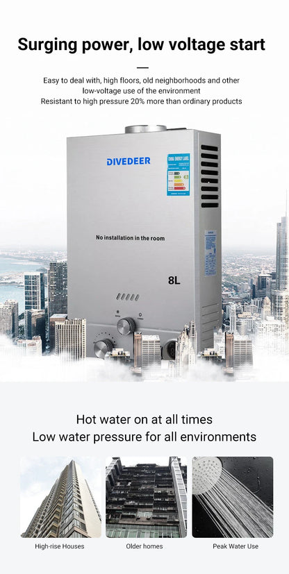 DIVEDEER LPG Gas Hot Water Heater 6L/8L/10L/12L/16L/18L Home Appliance Wall-Mounted Water Heater With Shower Kit Digital Display