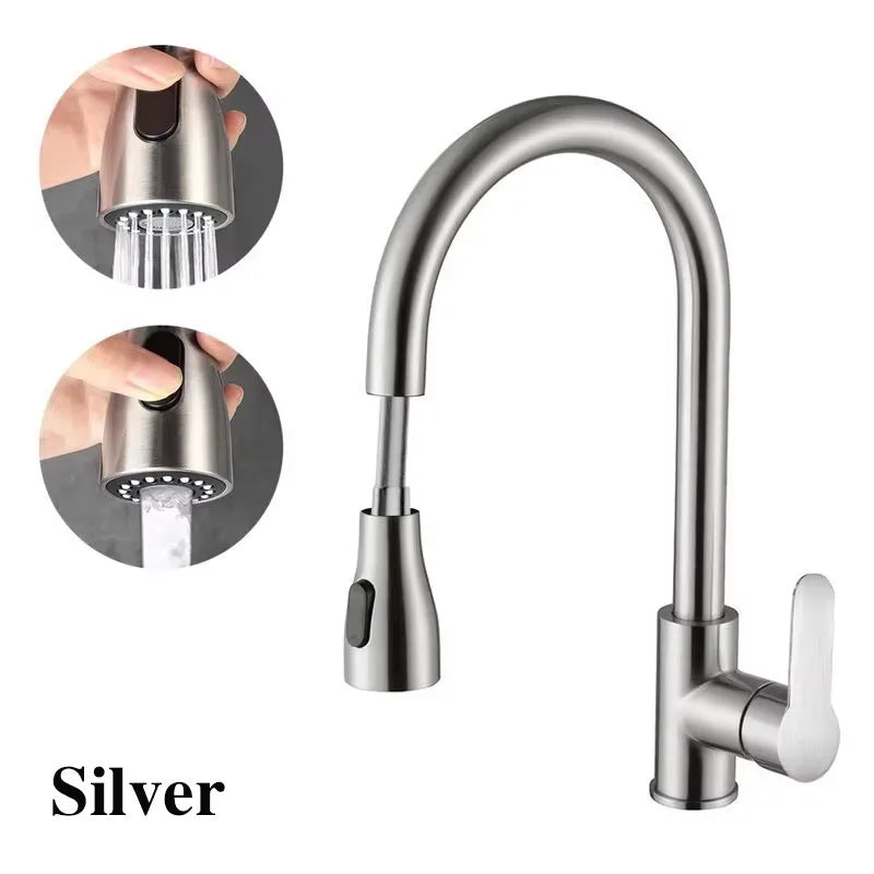 Kitchen Faucets Brushed Nickel Pull Out Kitchen Sink Water Tap Deck Mounted Mixer Stream Sprayer Head Hot Cold Taps Sliver