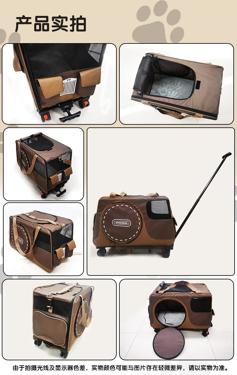 Portable Pet Rolling Carrier Foldable Small Dog Outdoor Stroller Detachable Single Shoulder Cat Handbag For Travel