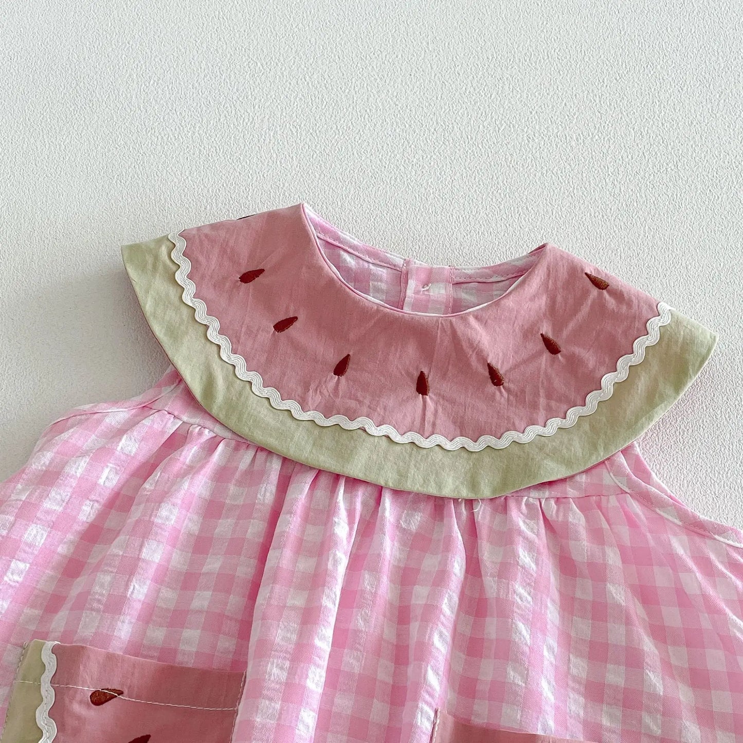 2026 Summer Childrens Clothes Watermelon Collar Baby Bodysuit with Patch Pockets Pink-white Check Girls Dress