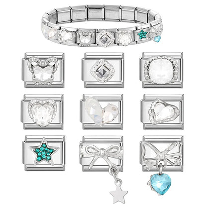 Shiny Zircon Stars Heart Bow Knot Butterfly Italian Charm Links Fit 9mm Stainless Steel Bracelet Women Jewelry DIY Making Gifts