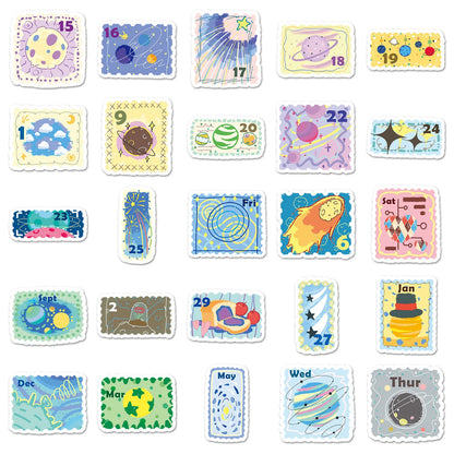 50PCS Cute Stamp Style Space Calendar Stickers Kawaii Planet Journal Decorative Notebook Phone Case Waterproof Stickers Kids Toy